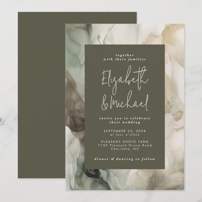 Abstrakt gestrichene, moderne dunkelgrüne Hochzeit Einladung (Vorne/Hinten)