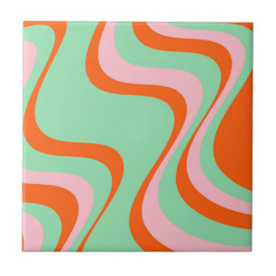 Abstrakt gewellte Streifen Grün Orange Retro Bold  Fliese
