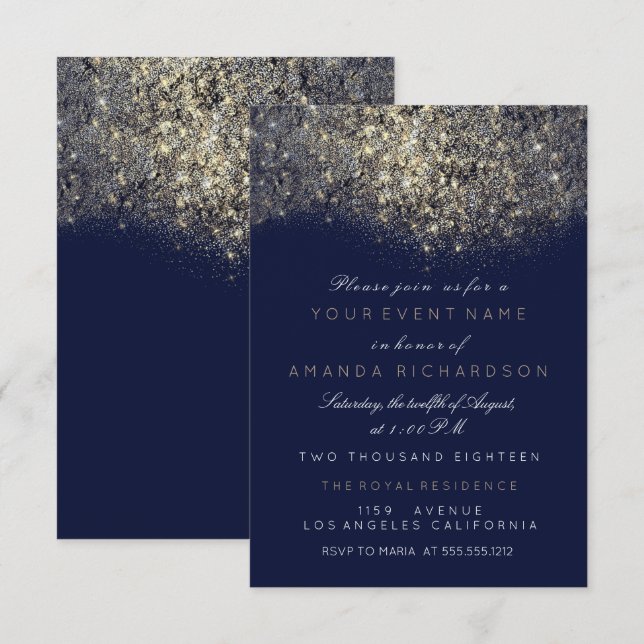 Abstrakt Gold Funkelnd Glitzer Blue Navy Glam Even Einladung (Vorne/Hinten)