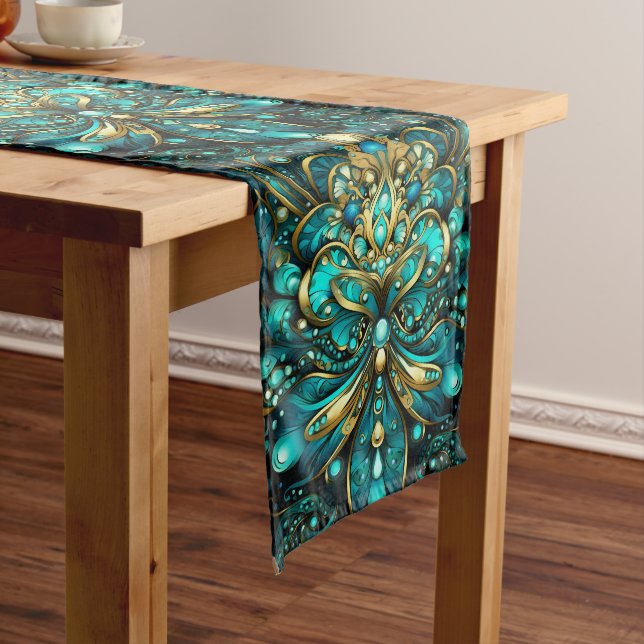 Abstrakt Golden Floral Blue Green Elegantes Muster Großer Tischläufer (Beispiel)