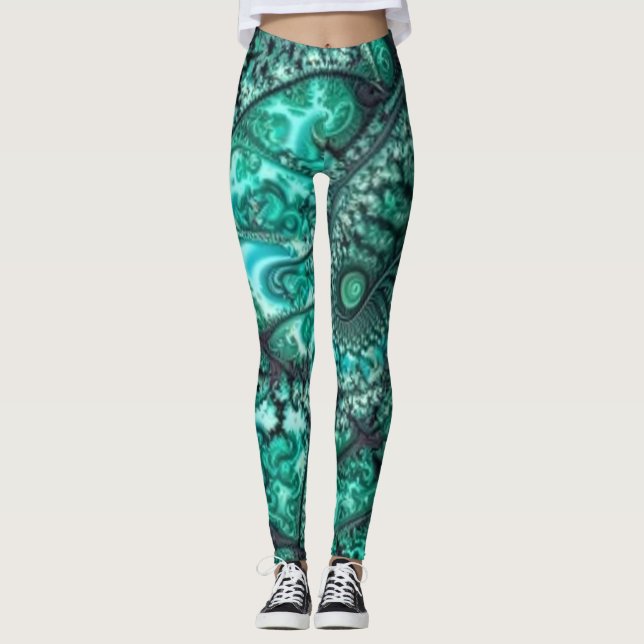 Abstrakt-grüne Leggings in Schwarzweiß (Vorderseite)