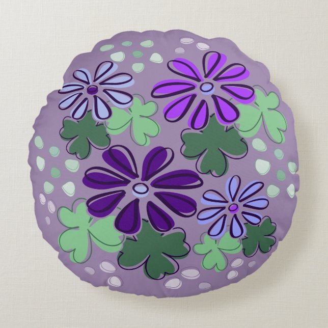 Abstrakt-grüne und Lila Klee- und Blume-Doodle Rundes Kissen (Vorderseite)
