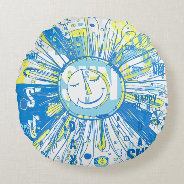 Abstrakt Happy Whimsical Sun Word Art Rundes Kissen (Vorderseite)