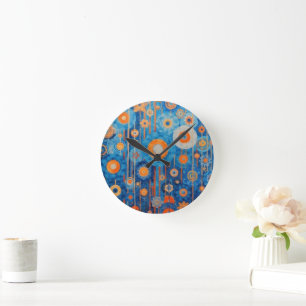 Abstrakt in Blau und Orange Blumendesign Runde Wanduhr
