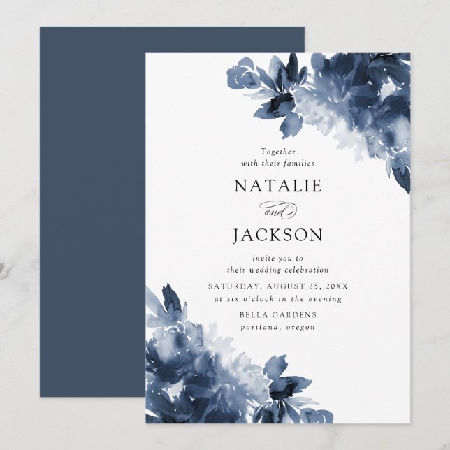 Abstrakt Indigo Floral | Hochzeit Einladung (Vorne/Hinten)