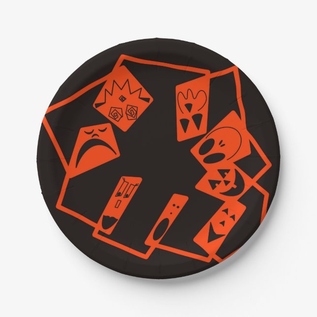 Abstrakt, Kürbisgesichte auf schwarz, Halloween Pappteller (Vorderseite)