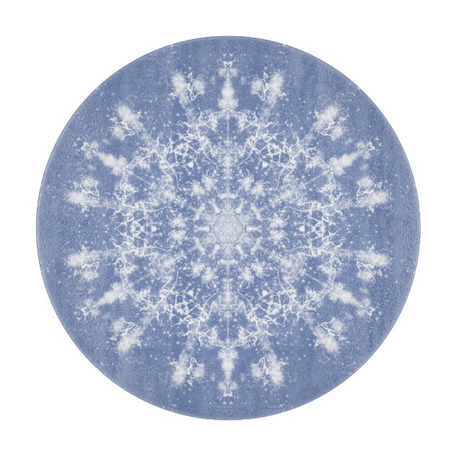 Abstrakt Lacy Fraktal Snowflake auf blauem Hinterg Schneidebrett (Vorderseite)