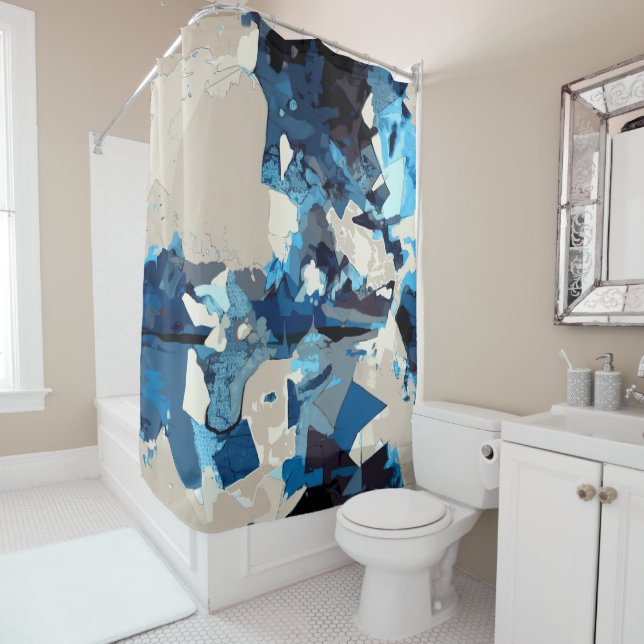 Abstrakt, modern, Collage, marineblau, aquamarin,  Duschvorhang (Beispiel)