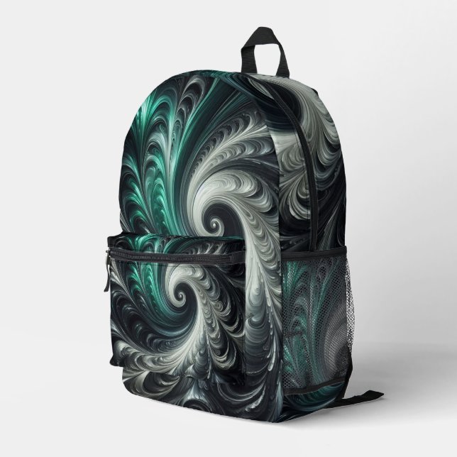 Abstrakt-modern, grün, silber und schwarz schwirbe bedruckter rucksack (Rückseitige Ecke Rechts)