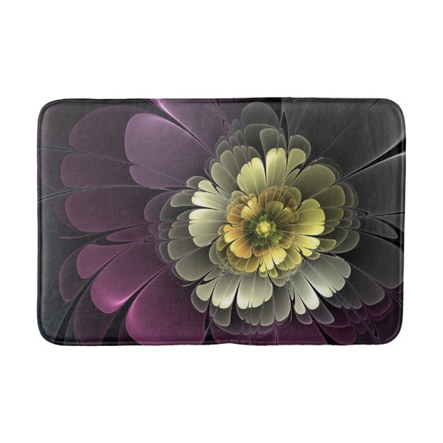 Abstrakt Modern Purpur Khaki Gray Fraktal Blume Badematte (Vorderseite)