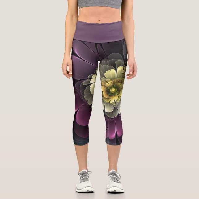 Abstrakt Modern Purpur Khaki Gray Fraktal Blume Capri Leggings (Vorderseite)