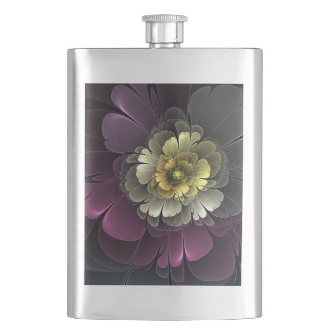 Abstrakt Modern Purpur Khaki Gray Fraktal Blume Flachmann (Vorderseite)