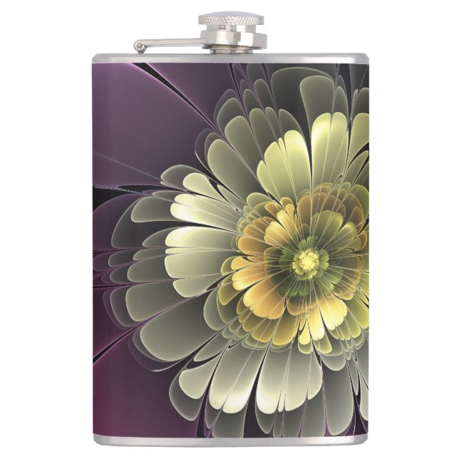 Abstrakt Modern Purpur Khaki Gray Fraktal Blume Flachmann (Vorderseite)