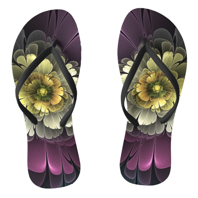 Abstrakt Modern Purpur Khaki Gray Fraktal Blume Flip Flops (Fußbett)