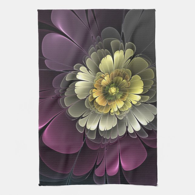 Abstrakt Modern Purpur Khaki Gray Fraktal Blume Geschirrtuch (Vertikal)