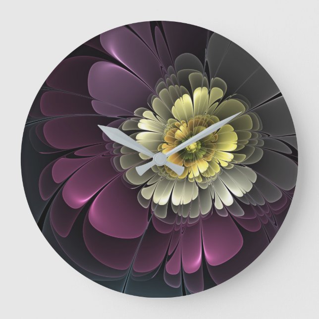 Abstrakt Modern Purpur Khaki Gray Fraktal Blume Große Wanduhr (Vorderseite)