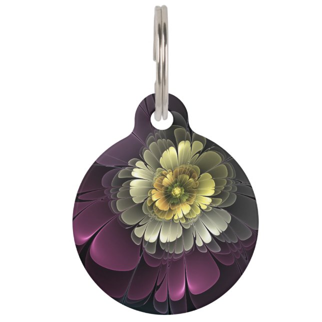 Abstrakt Modern Purpur Khaki Gray Fraktal Blume Haustiermarke (Vorderseite)