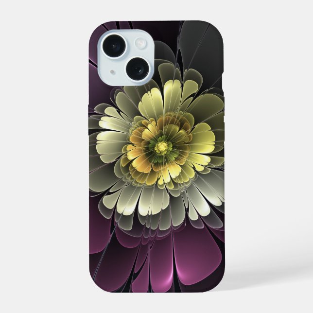 Abstrakt Modern Purpur Khaki Gray Fraktal Blume iPhone 15 Hülle (Rückseite)