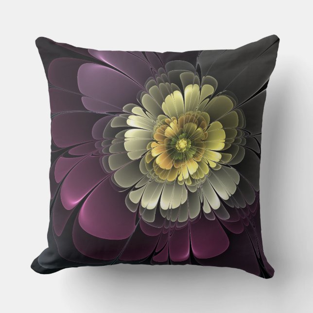 Abstrakt Modern Purpur Khaki Gray Fraktal Blume Kissen (Vorderseite)