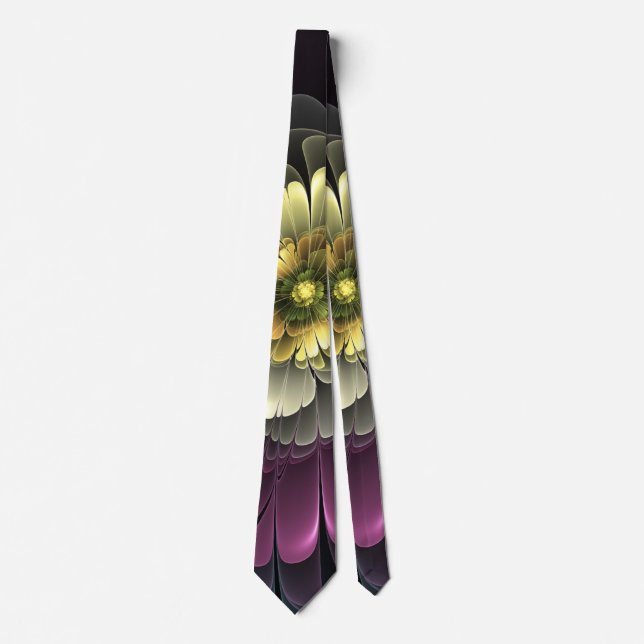 Abstrakt Modern Purpur Khaki Gray Fraktal Blume Krawatte (Vorderseite)
