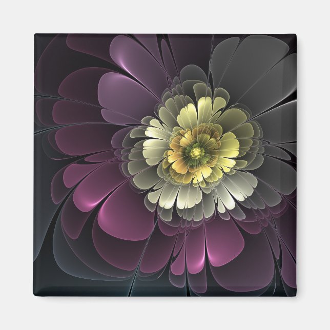 Abstrakt Modern Purpur Khaki Gray Fraktal Blume Magnet (Vorne)