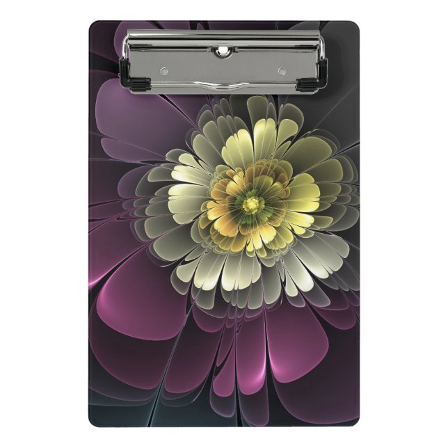 Abstrakt Modern Purpur Khaki Gray Fraktal Blume Mini Klemmbrett (Vorderseite)