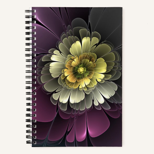 Abstrakt Modern Purpur Khaki Gray Fraktal Blume Notizbuch (Vorderseite)