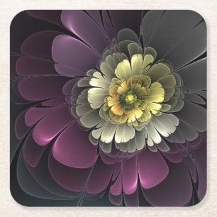 Abstrakt Modern Purpur Khaki Gray Fraktal Blume Rechteckiger Pappuntersetzer