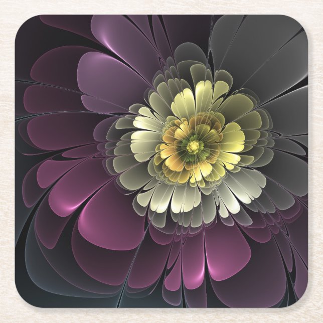 Abstrakt Modern Purpur Khaki Gray Fraktal Blume Rechteckiger Pappuntersetzer (Vorderseite)