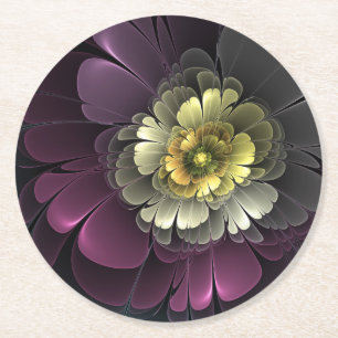 Abstrakt Modern Purpur Khaki Gray Fraktal Blume Runder Pappuntersetzer