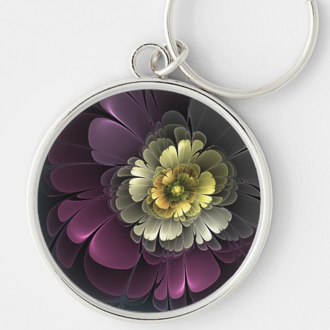 Abstrakt Modern Purpur Khaki Gray Fraktal Blume Schlüsselanhänger (Vorne)