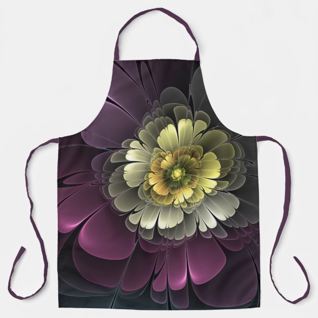 Abstrakt Modern Purpur Khaki Gray Fraktal Blume Schürze (Vorderseite)