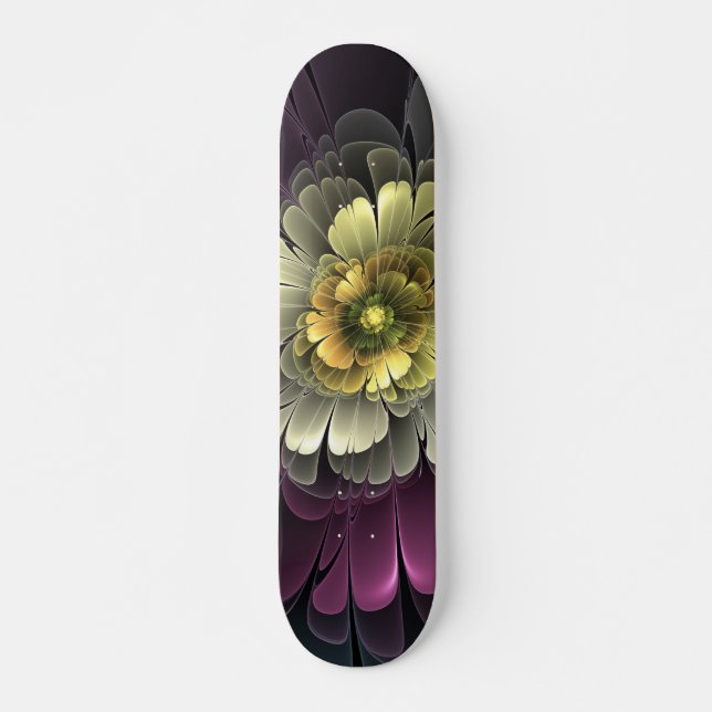 Abstrakt Modern Purpur Khaki Gray Fraktal Blume Skateboard (Vorne)