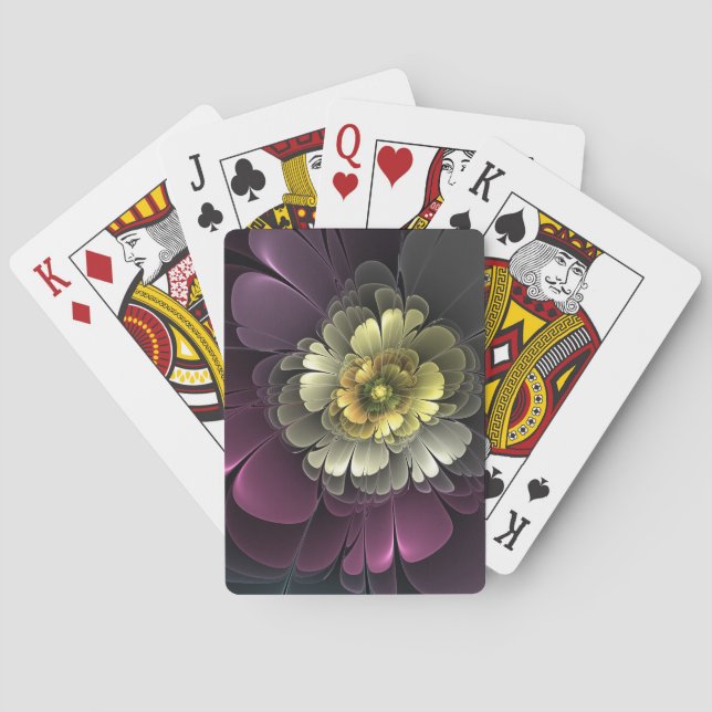Abstrakt Modern Purpur Khaki Gray Fraktal Blume Spielkarten (Rückseite)
