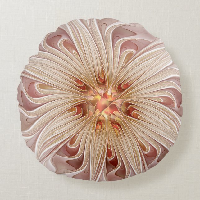 Abstrakt Modernes Peach Pasta Blume Fraktal Rundes Kissen (Vorderseite)
