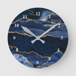 Abstrakt Navy Blue Agate Watercolor Runde Wanduhr