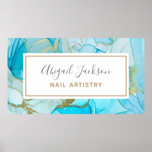 Abstrakt Ocean Blue Gold Aquarellnägel nach Namen Poster (Vorne)