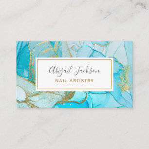 Abstrakt Ocean Blue Gold Watercolor Nagelkunst Visitenkarte