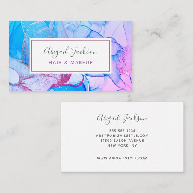 Abstrakt Ocean Blue Pink Aquarell Haare & Makeup Visitenkarte (Vorne/Hinten)
