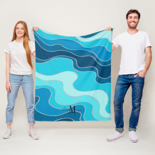 Abstrakt Ocean Blue Waves Monogram Beach Fleecedecke