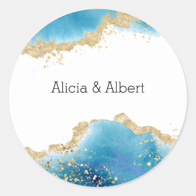 Abstrakt Ocean Gold & Blue Individuelle Name Hochz Runder Aufkleber (Vorderseite)