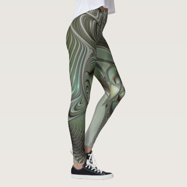 Abstrakt Olive Green Gray Fraktal Kunstwerke der E Leggings (Rechts)