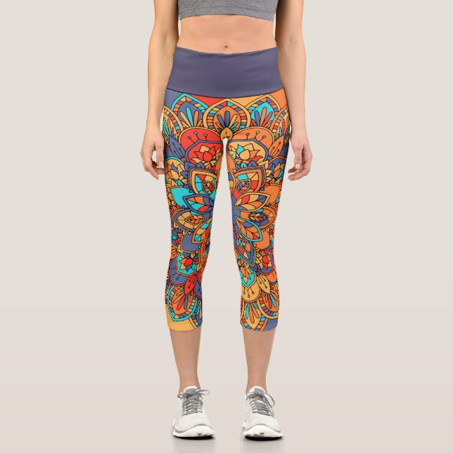 Abstrakt-orange lila Zen-trendige Kunst Capri Leggings (Vorderseite)