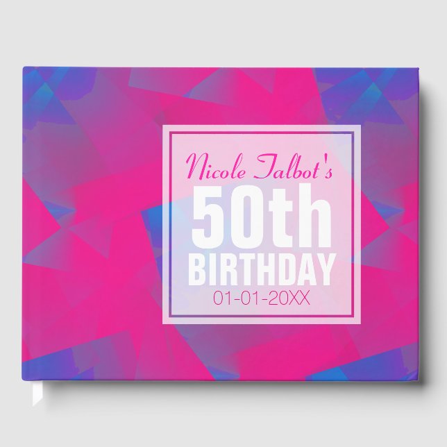 Abstrakt Pink Blue 50th Birthday Gästebuch (Vorderseite)