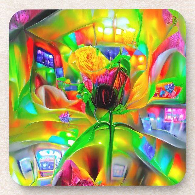 Abstrakt Psychedelische Blume Getränkeuntersetzer (Vorderseite)
