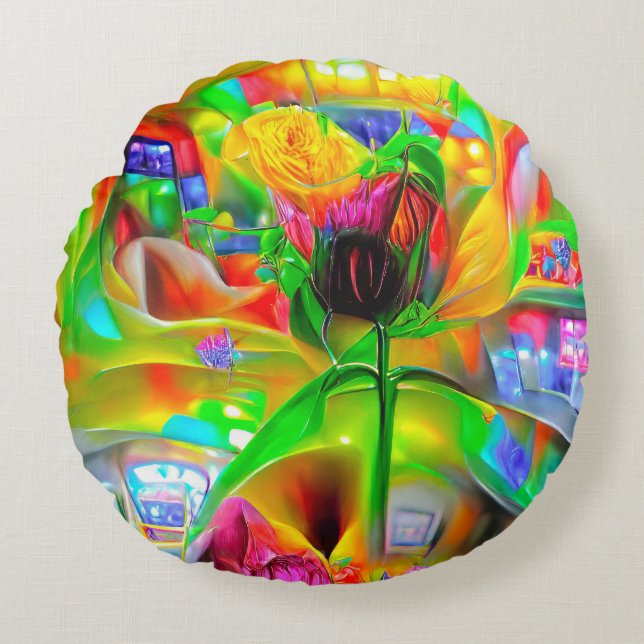 Abstrakt Psychedelische Blume Rundes Kissen (Vorderseite)