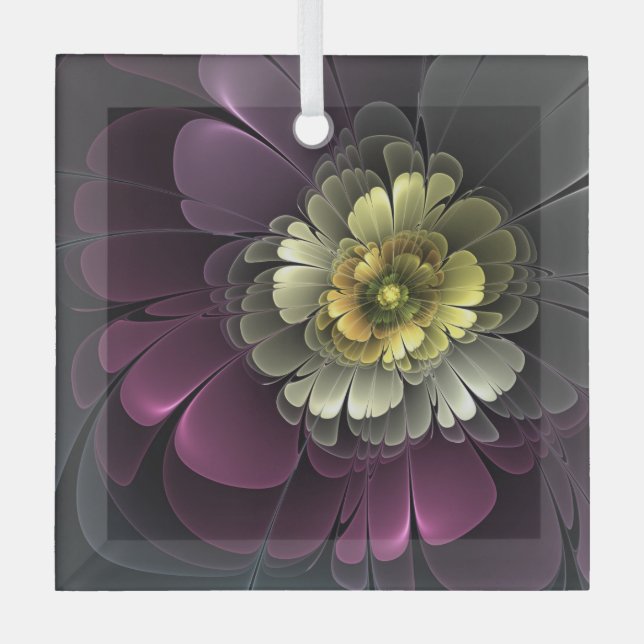 Abstrakt Purpur Khaki Gray Fraktal Blume Square Ornament Aus Glas (Vorderseite)