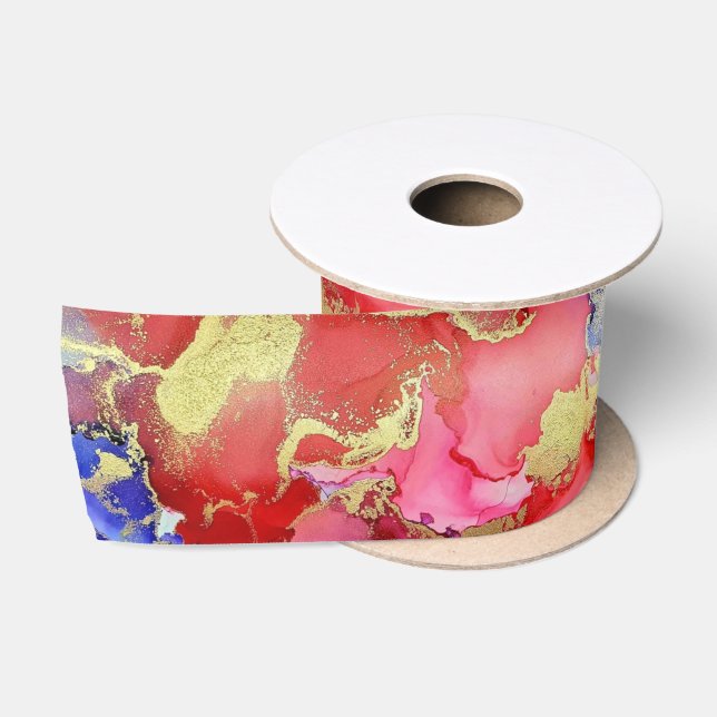 Abstrakt Red Gold Lila Alkoholtinte Satinband (Spule)