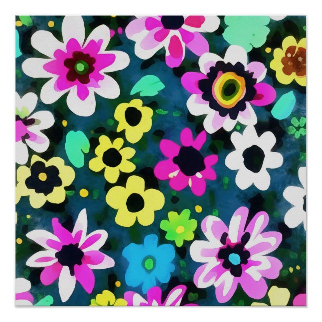 Abstrakt Retro Boho Spring Flowers Viva Magenta Poster (Vorderseite)