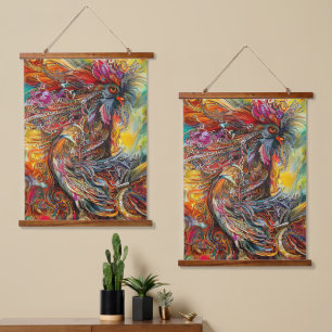 Abstrakt Rooster Fantasy Wandteppich Mit Holzrahmen
